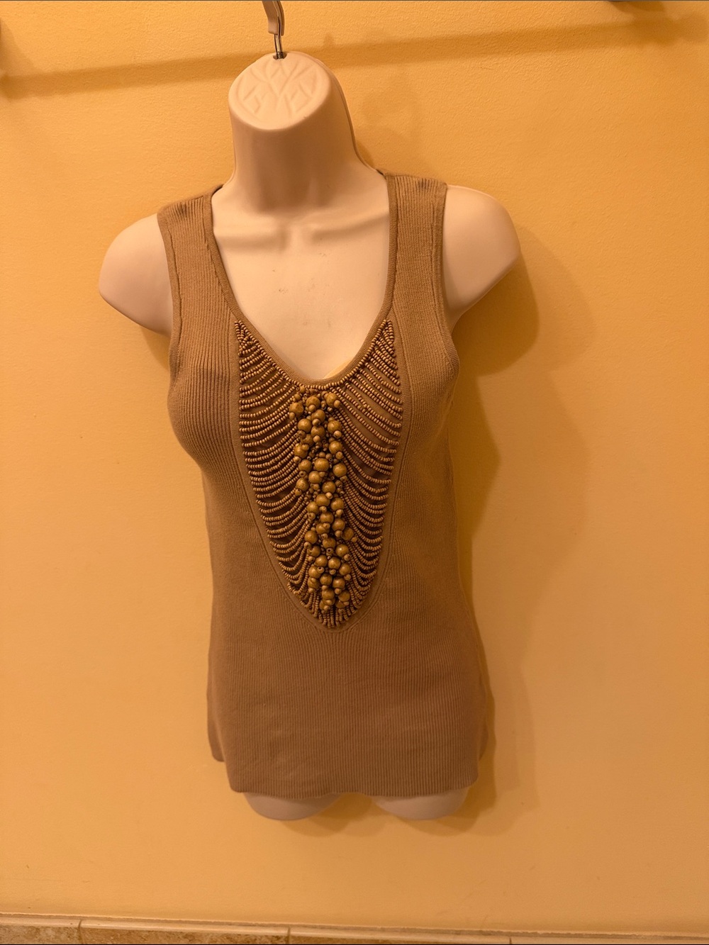Beaded V-Neck Sleeveless Knit Top - Tan Tracy M. Medium
